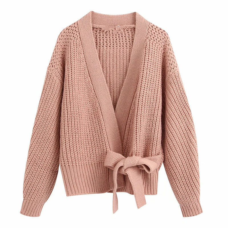 Zwiędły 2020 anglia prosta jednokolorowa klasyczna kimono sashes bandaż luźny krótki tkany kurtki swetry rozpinane damskie swetry damskie topy