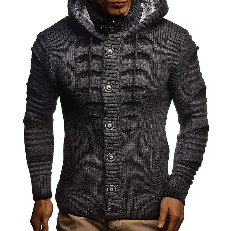 Pakaian Pria Mantel Kasual Beige Bergaris Disambung Kardigan Rajutan Pria Sweter Hangat Musim Dingin Bertudung Pria Sweater Pria