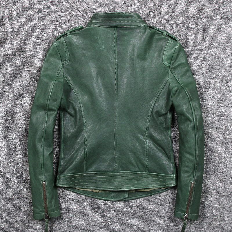 Jaqueta feminina couro legítimo real pele de carneiro jaqueta motocicleta casual slim verde outono inverno roupas