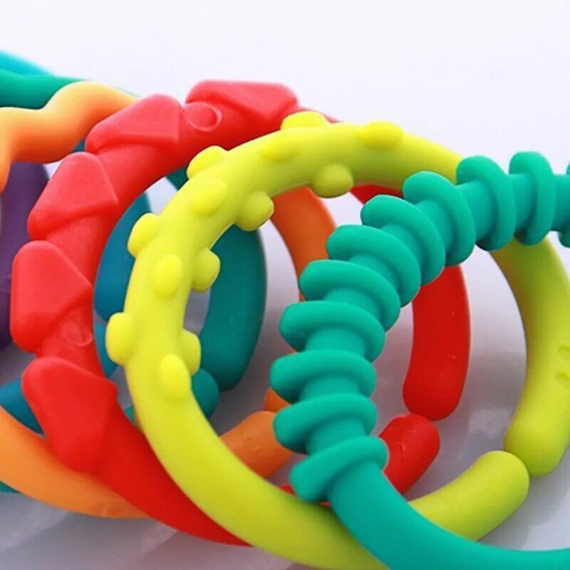 5/10PCS  Plastic Grip Baby Teether Rattles Rubber Rainbow Ring Molars Rattle Safety Toys for Children Crib Bed Stroller Hanging