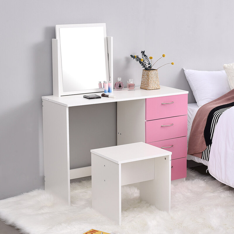 Panana 코너 드레싱 테이블 메이크업 데스크 조정 가능한 거울 + 의자 어린 소녀 공주 핑크 침실에 적합