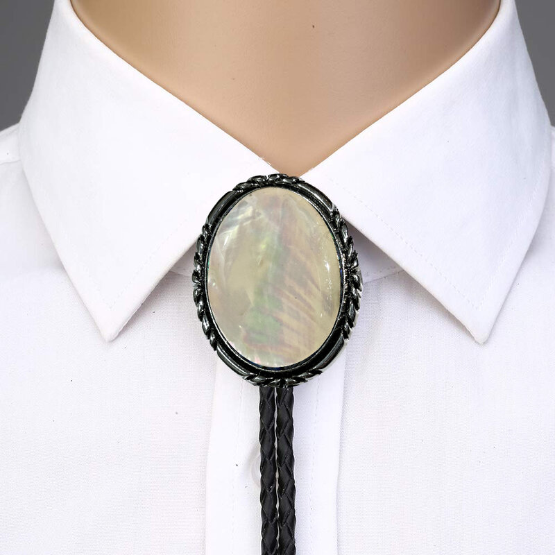 Naturel pedra branco escudo flash bolo gravata para o homem indiano cowboy ocidental cowgirl corda de couro liga zinco gravata