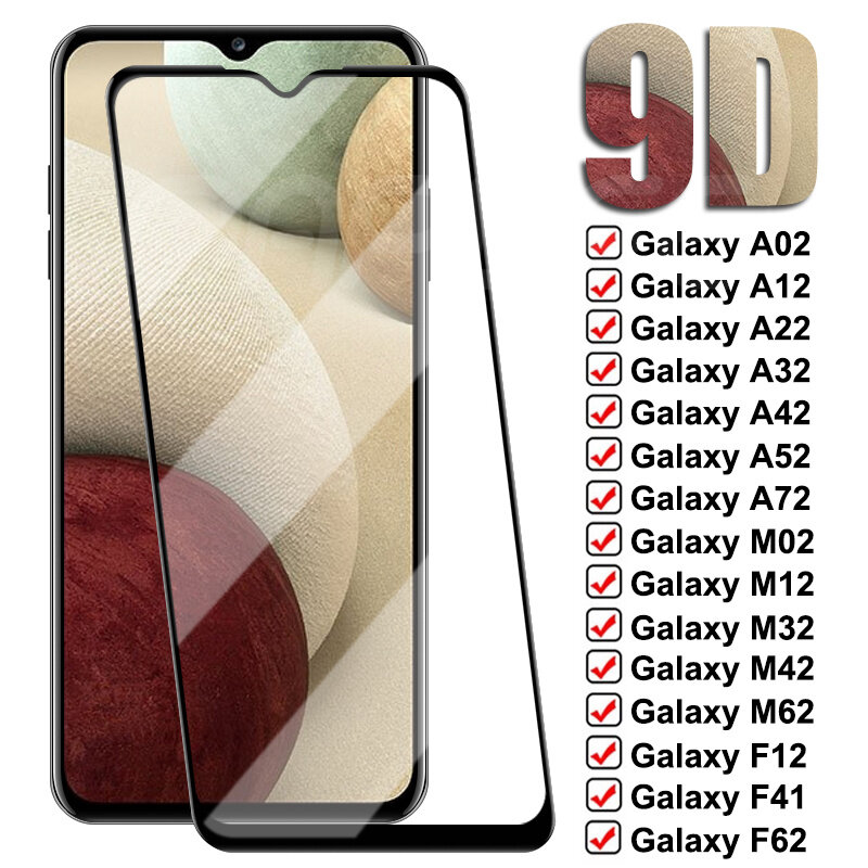 Filme de vidro temperado para Samsung Galaxy, 9D vidro de proteção para Samsung Galaxy A02, A12, A22, A32, A42, A52, A72, M02, M12, M32, M42, M62, F02S, f12, F41, F52, F62