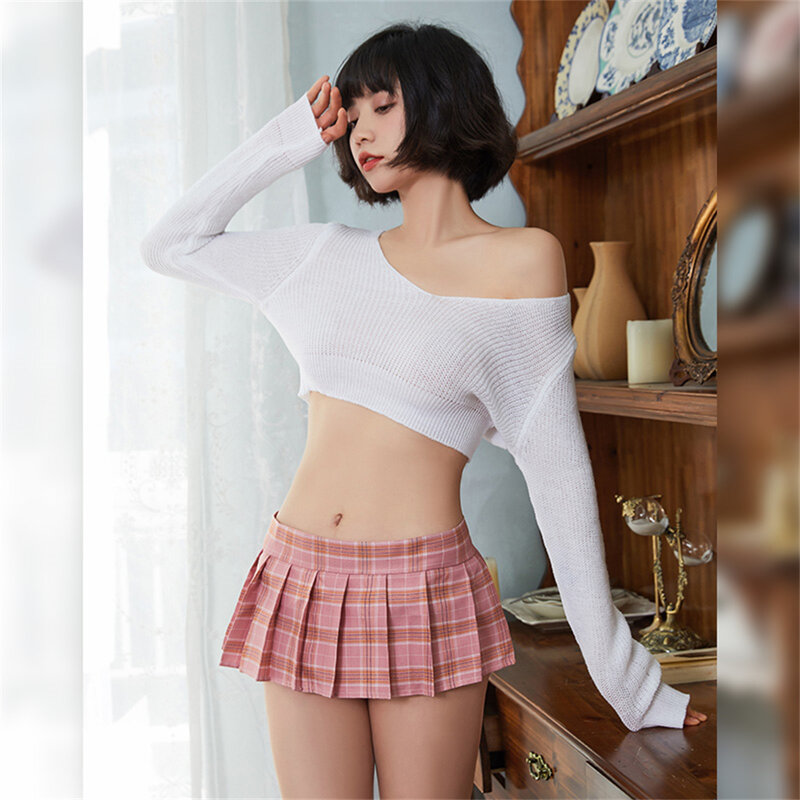 Sweater Siswa Seksi Rok Berlipat Siswa dan Setelan Celana T, Godaan Seragam, Rok Kotak-kotak Pantat Lucu
