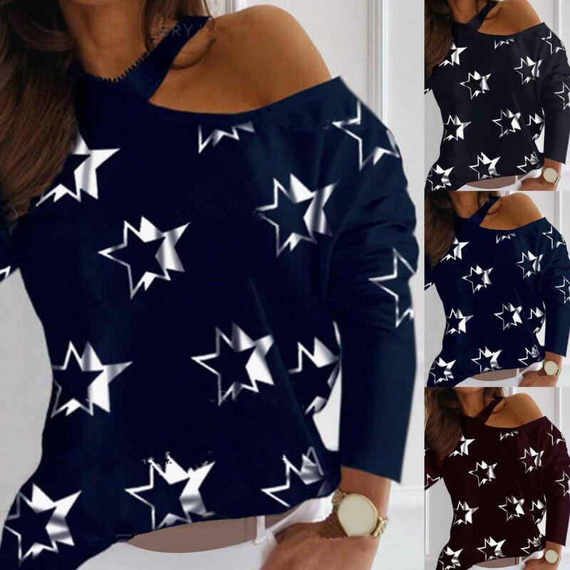 Blusa feminina sexy de poliéster manga longa com estrelas impressas vazadas um ombro blusa halter camisa roupa de rua 2021