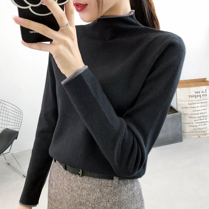 Autumn Spring Basic Casual Chic Knitted Pullover Women Mock Neck Solid Color Knit Slim Female Long Sleeve Tops Sweater Pullovers