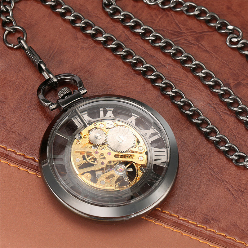 Jam tangan mekanis angka Romawi mewah, jam tangan saku transparan Steampunk wajah terbuka rantai hitam hadiah keren untuk pria dan wanita