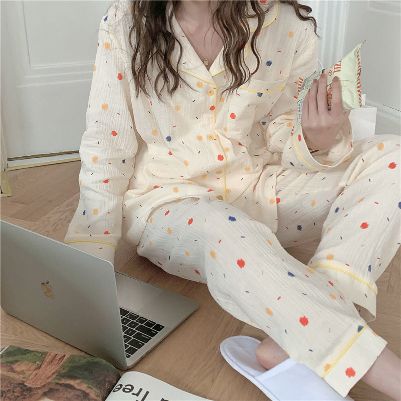 QWEEK – pyjama en coton à pois pour femme, vêtements de nuit coréens, manches longues, tenue d'automne