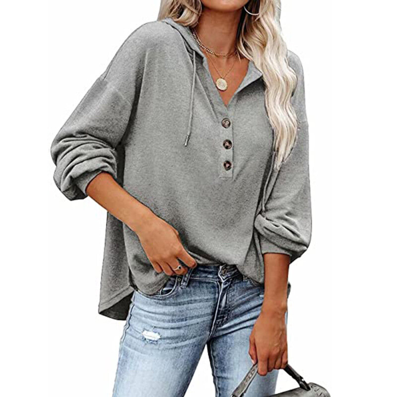 XXL Ladies Hooded Top Women's Clothing Button Blouse Ladies Autumn and Winter New Casual Loose Solid Color Hoodie Sweater Hoody