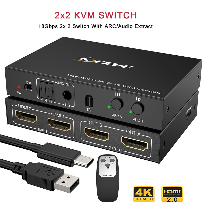 Interruptor KVM de doble Monitor, conmutador con extracción de arco/Audio, pantalla HD 4K, compatible con Control remoto inalámbrico, 18Gbps, 2x2