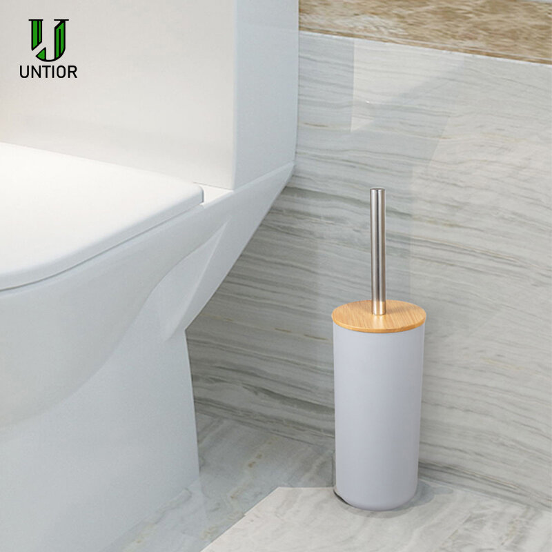 UNTIOR – Kit d'accessoires de salle de bains en bambou, 6 pièces, distributeur de savon, brosse de toilette, poubelle, ensemble de salle de bains, porte-brosse à dents