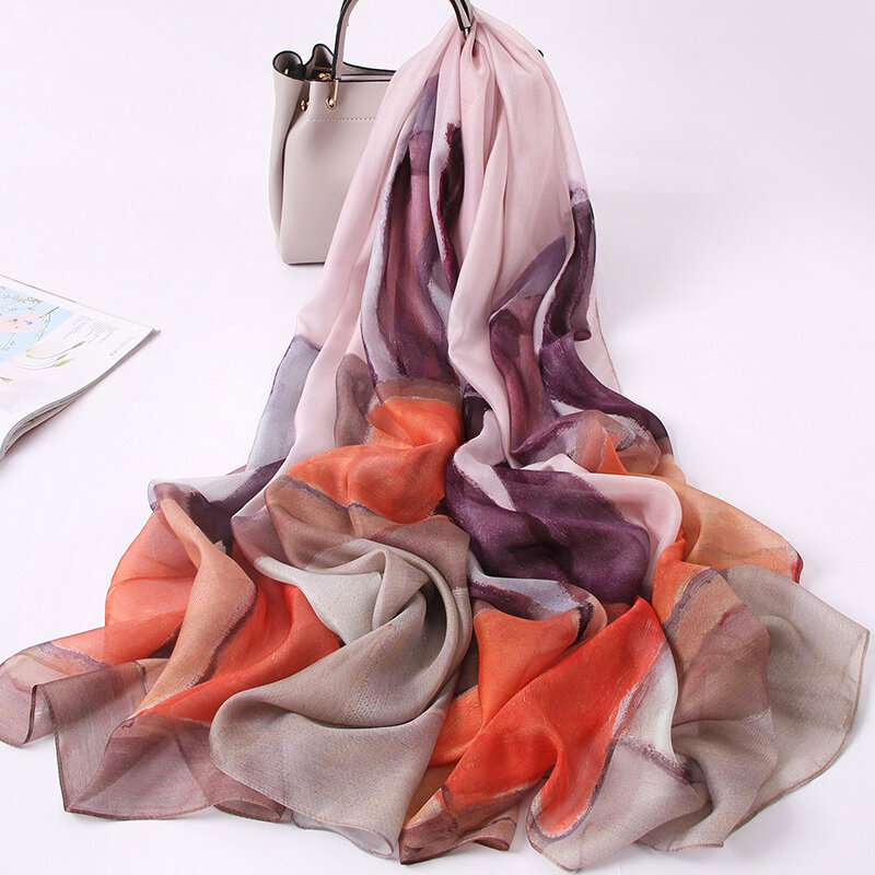 New 100% Silk Scarf Women Long Floral Print Brand Female Spring Design Luxury Autumn Bandana Real Silk Shawl For Ladies Foulard