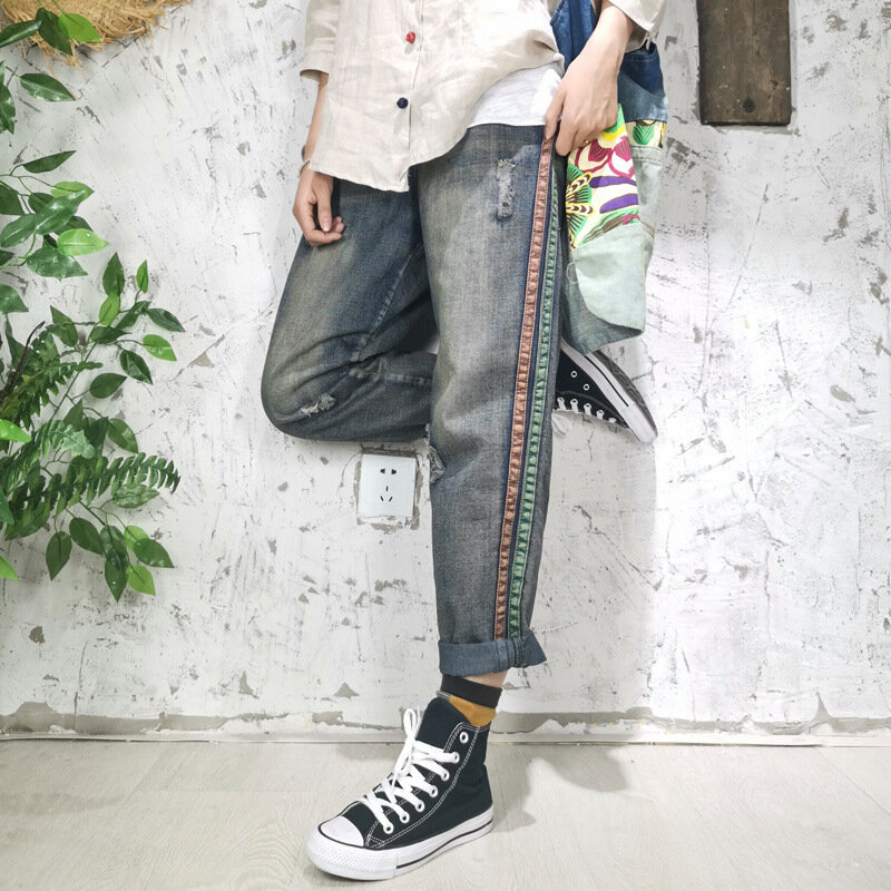 Женские винтажные рваные джинсы, Свободные повседневные рваные брюки большого размера в уличном стиле, черные рваные шаровары, весна 2022