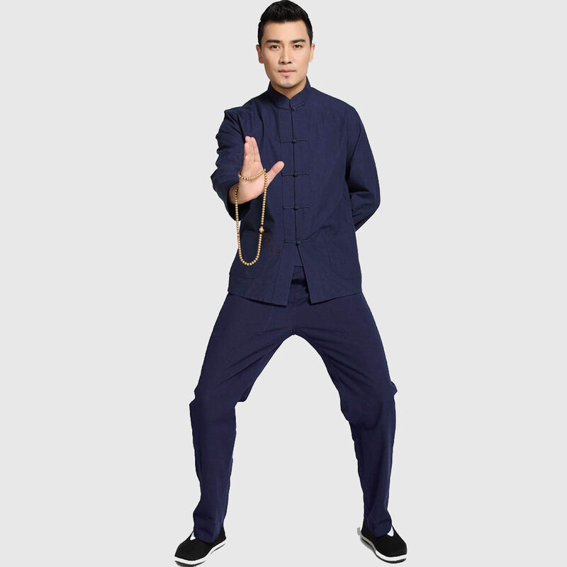 Giacca e pantaloni di alta qualità abito da uomo Kung Fu solido cinese 100% cotone sciolto Wu Shu Tai Chi set nuovo blu navy