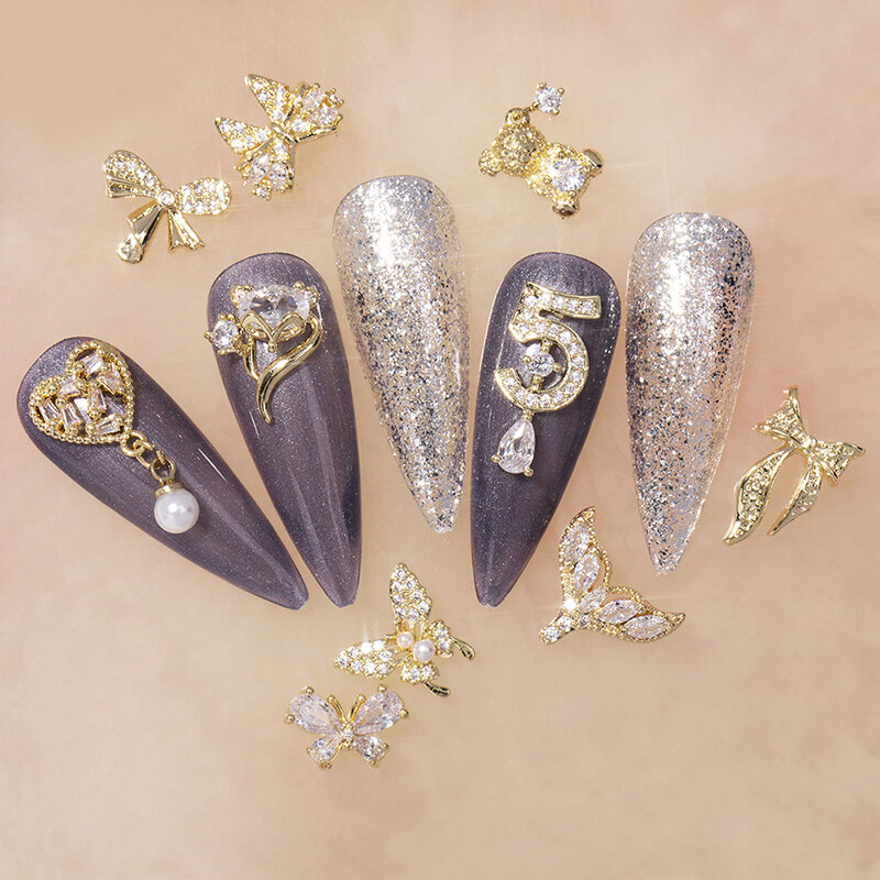 2 Pc Of Quality Luxury Nail Zircon Butterfly Bear Crystal Diamond Alloy Gold Nail Art Decoration Fashion Chain Tassel Jewelry