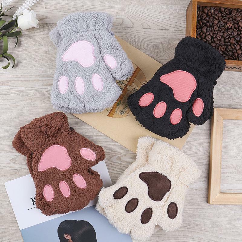 Luvas de pata de gato senhoras inverno coreano bonito meninas sem dedos grosso urso quente pata de pelúcia meio dedo moda luvas