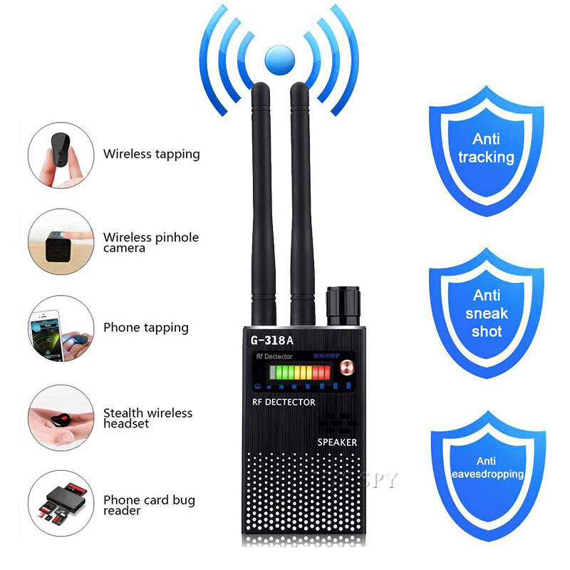 هوائي مزدوج RF مستكشف إشارة للحصول على كاميرا خفية التنصت اللاسلكية علة الصوت لتحديد المواقع جهاز GSM مكتشف مكافحة التجسس الماسح الضوئي