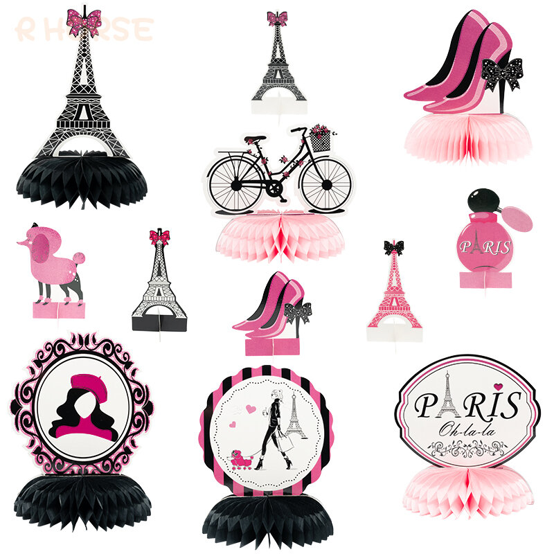 12Pcs Paris Honeycomb Balls Party Favor Supplies Tabletop Decor für Geburtstag Topper Fahrrad Rosa Romantische Elemente Mittelstücke