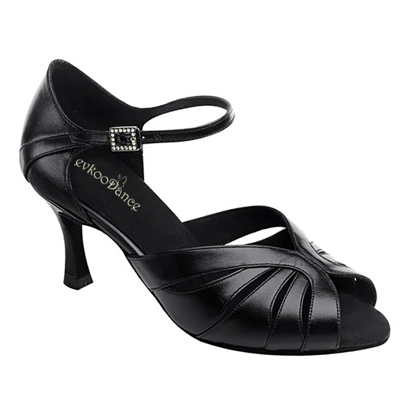 여성용 연습 라틴 댄스 신발, 블랙 가죽 라틴 살사 볼룸 댄스 신발, DIY 로우 힐 라틴 볼룸 파티 신발, 8.3cm