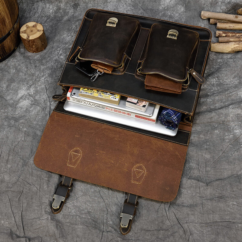 Портфель мужской из натуральной кожи Crazy Horse, винтажный большой мессенджер на плечо для ноутбука, чемоданчик в деловом стиле