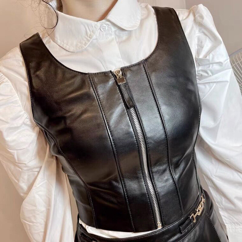 Colete de couro genuíno feminino com cinto, moda coreana, simples, bolso grande, gola redonda, bege, preto, colete de inverno