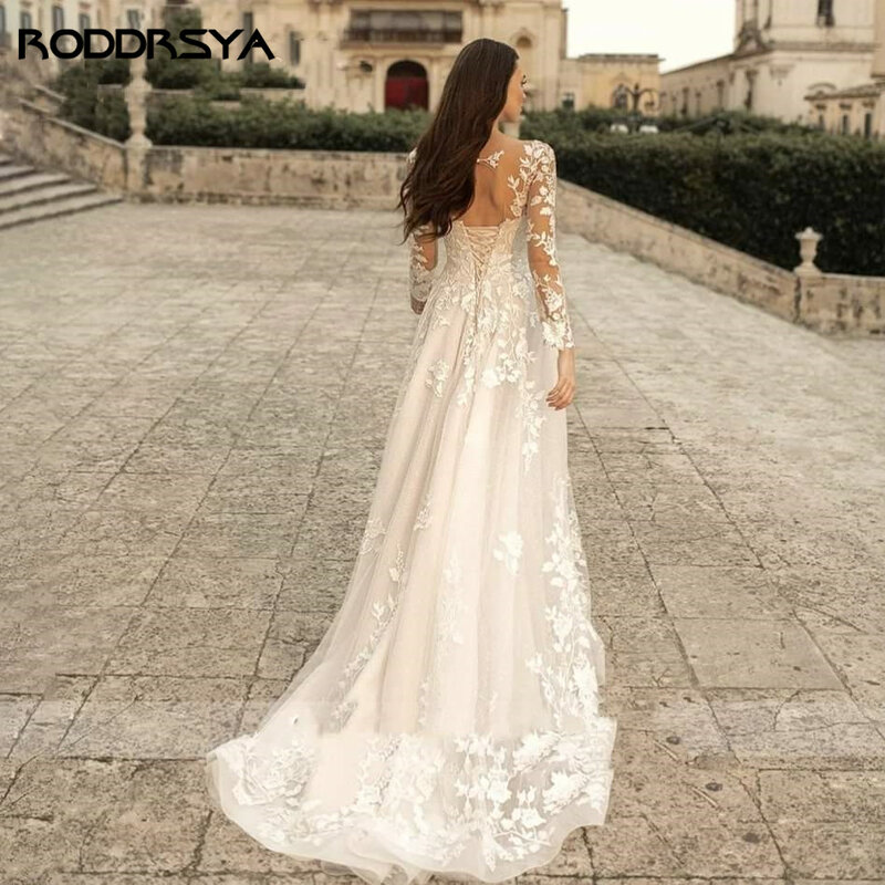 RODDRSYA Elegant O-Neck Wedding Dresses Lace Up A-Line Appliques Long Sleeves Beach Bride Gowns robe de mariée bohème Plus Size