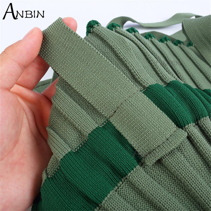 ANBIN Women's Shoulder Bag Female Knitting Drawstring Handbag Fashion Design Girl Cute Color Stitching Tote Shopping Travel Bag