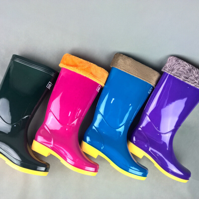 Rain Boots Women's Warm Non-slip Wear-resistant Solid Color Rain Boots PVC Water Shoes Rain Boots Work Boots Botas Mujer