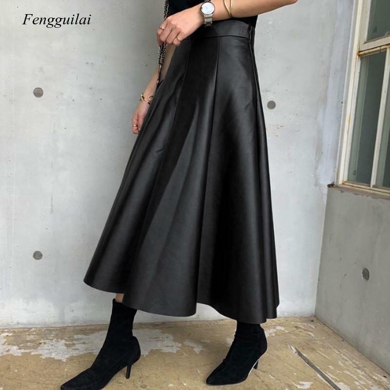 Black Solid Pu Leather Elegant Midi Skirt Women 2021 Spring High Waist Office Ladies a Line Flared Skirts Faux Leather