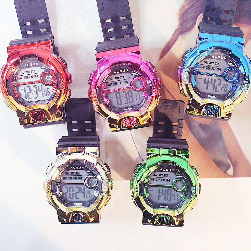 เด็กนาฬิกาLEDดิจิตอลสัปดาห์จอแสดงผลBoyกีฬานาฬิกาส่องสว่างกันน้ำสีชมพูนาฬิกาวันเกิดของขวัญ
