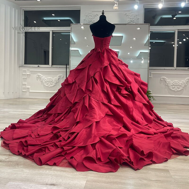 Yeenueer Dark Red Long Wedding Dress Strapless Puffy Off Shoulder  Bride Dresses Arabic Princess Wedding Gown 2022 Hot Sale