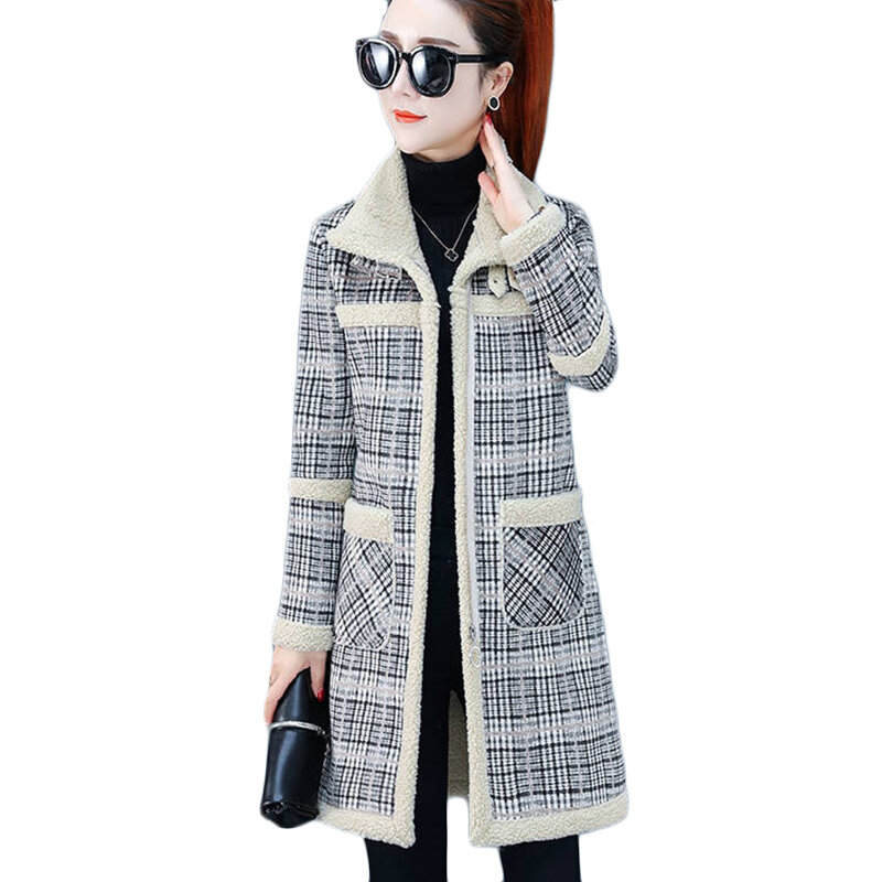 Новое зимнее шерстяное пальто из овечьей шерсти, толстое бархатное теплое хлопковое пальто, женское длинное пальто в клетку, Паркер, стеганая куртка, тренчи, пальто