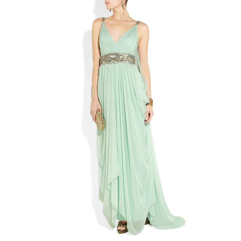 Griekse Stijl Lichtblauw Beach Prom Dresses 2023 V-hals Kralen Chiffon Avondjurk A-lijn Watteau Trein Lange Elegant Party jurk