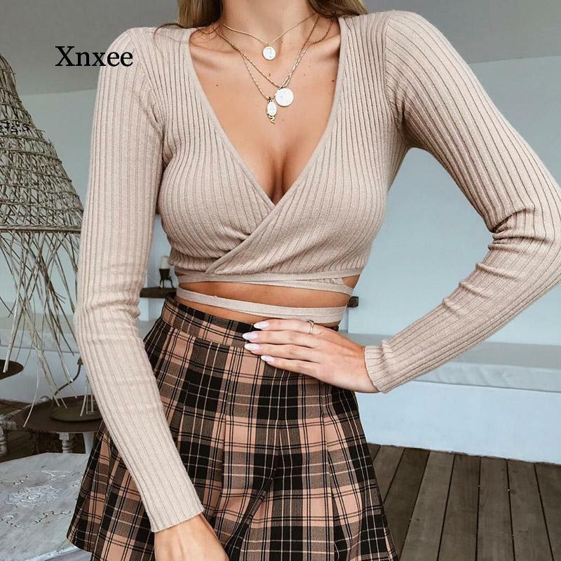 Vrouwen Zomer Bandagelace Up Breien Crop Top Sexy Lange Mouwen Dames Hoge Taille Bodycon Shirt Blouse Casual Mode Base Coat