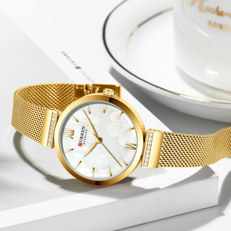 CURREN นาฬิกาแฟชั่นผู้หญิง Luxury Quartz Gold Elegant สร้อยข้อมือนาฬิกาข้อมือหญิงนาฬิกาสุภาพสตรีชุดสแตนเลส