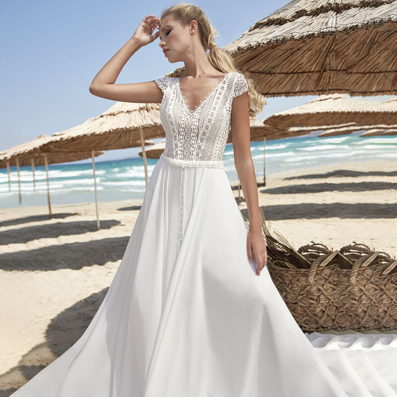 Cap Sleeves V Neck Chiffon Boho Wedding Bride Dress 2021 Open Back Lace Beach Bridesmaid Bridal Gown Plus Size Free Shipping