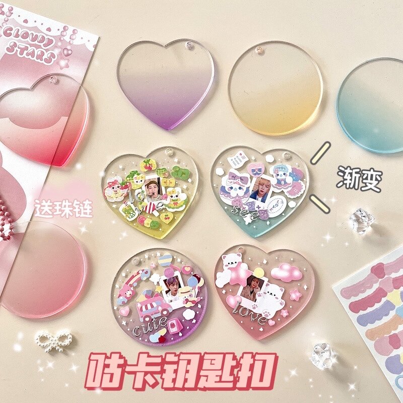 Porte-cartes en acrylique en forme de cœur rond, avec lanière et chaînes, badges décoratifs, papeterie Kawaii