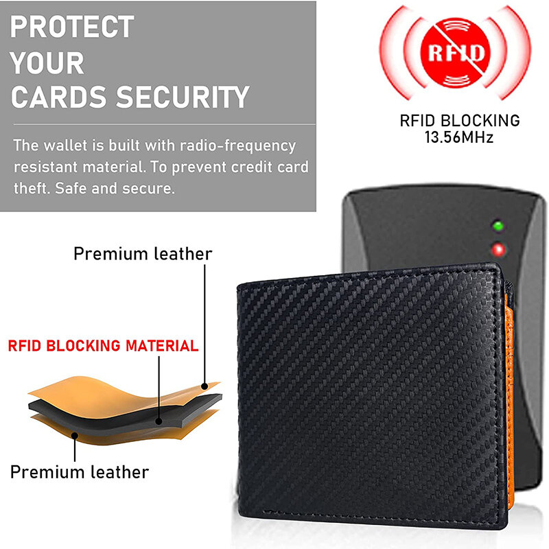 남성용 고품질 탄소 섬유 정품 가죽 RFID 지갑, 은행 신용 카드 케이스, ID 홀더, 남성 동전 지갑 포켓