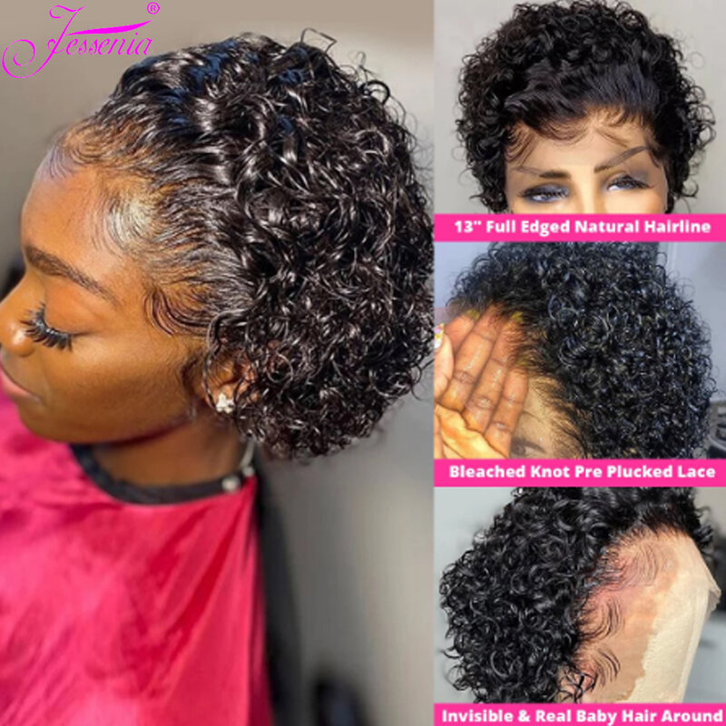 Parrucca corta Pixie Cut parrucche brasiliane trasparenti del merletto dei capelli umani 13x1 Pre pizzicate a buon mercato Remy Water Bob parrucca riccia per le donne nere