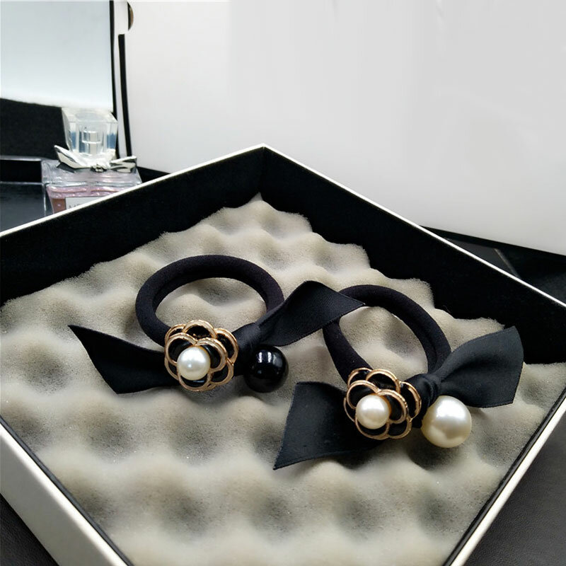 Camellia – serre-tête élastique en perles noires pour filles, chouchous Vintage avec corde en caoutchouc
