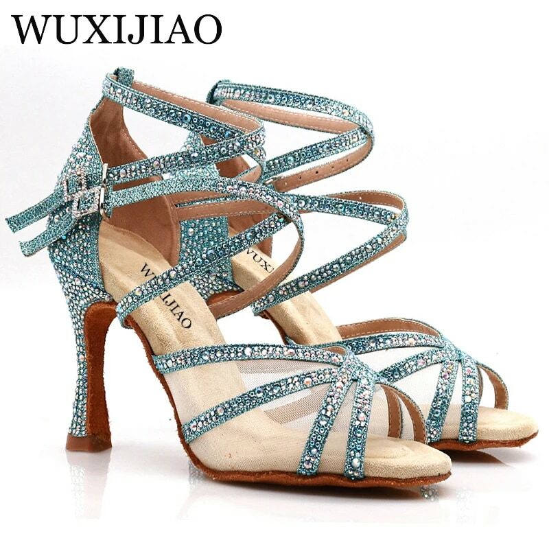 Wuxijiao sapatos de dança latina mulher salsa cetim de seda sapatos de dança brilho strass profissional sapatos de dança de salão fundo macio