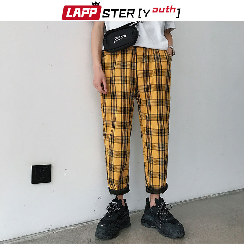 LAPPSTER-Youth Streetwear Black Plaid Pants Men Joggers 2023 Mens Straight Harem Pants Men Korean Hip Hop Trousers Plus Size