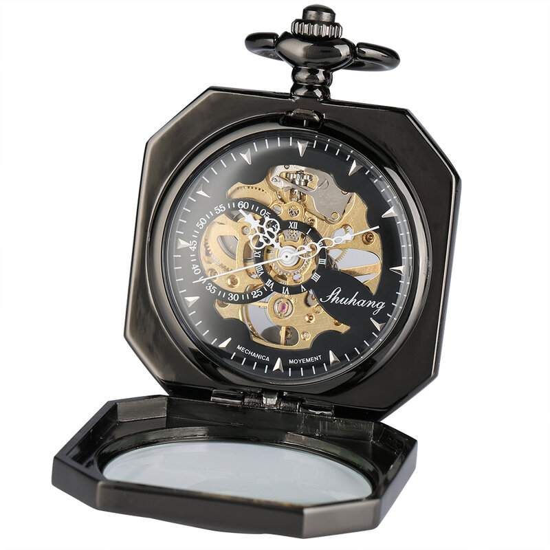 Бронзовые Восьмиугольные Механические карманные часы с ручным ветром с вырезами Скелет циферблат цепочка Подвесные часы для мужчин женщин мужчин подарки