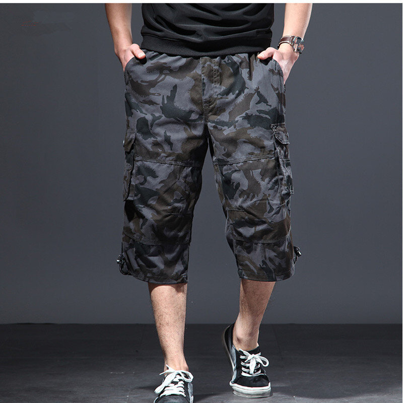 Camouflage ยาวความยาวสินค้ากางเกงขาสั้นผู้ชายฤดูร้อน Casual Multi กระเป๋าผ้าฝ้ายกางเกง Capri กางเกงยุทธวิธีทหารกางเกงขาสั้น5XL
