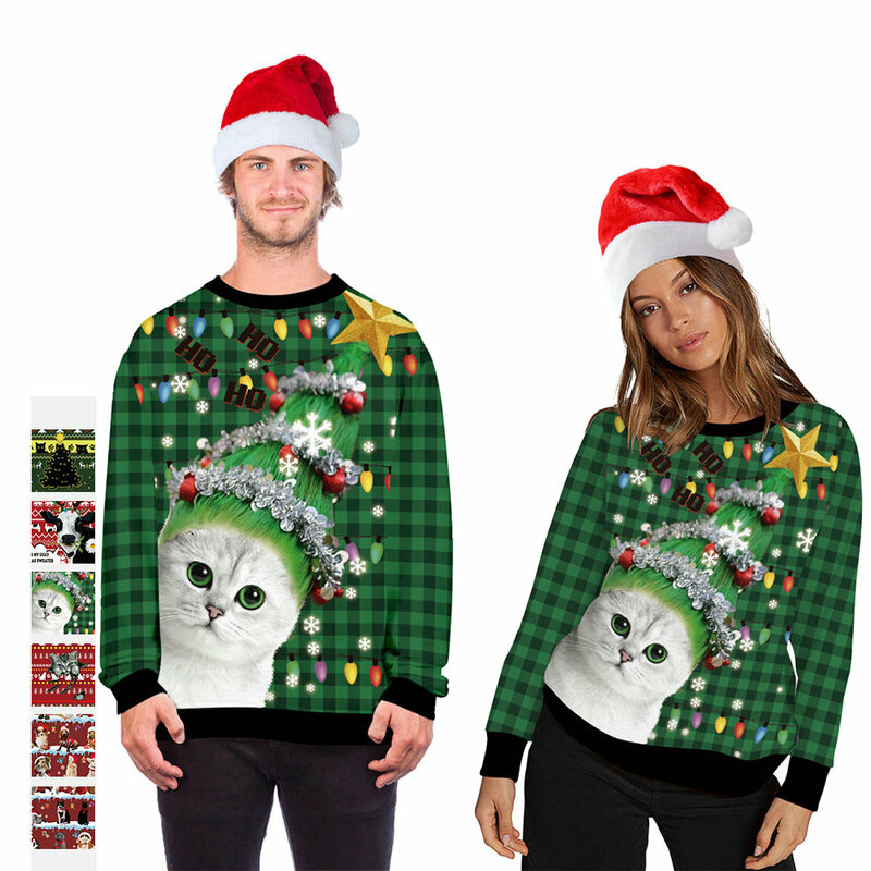 2022 nowy świąteczny nadruk kota para jesień z długim rękawem wokół szyi bluza z kapturem luźny sweter świąteczny pokaz kostium Dropshipping