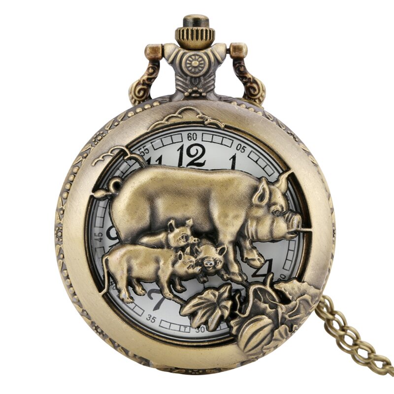 Retro Bronze Chinese Zodiac Pocket Watch Pendant Animal Watch Hollow Necklace Chain Art Collectible Gifts Commemorative Antique