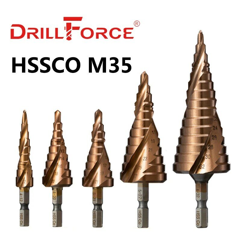 Drillforce M35 5% Bit Bor Langkah Kobalt Alat Pemotong Lubang Kerucut HSSCO 3-12/3-14/4-12/4-20/4-22/4-25/4-32/5-21/5-27/6-24Mm