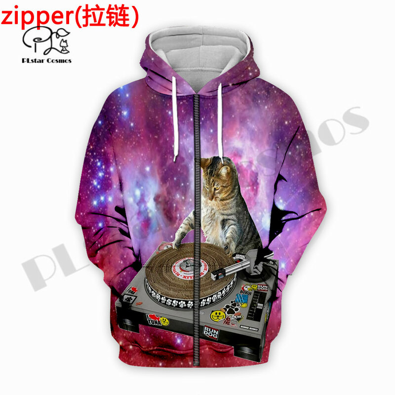 PLstar-Sudadera con capucha y cremallera para hombre y mujer, ropa de calle Unisex con estampado divertido de gato Musical, DJ, Hippie, Harajuku, A-4