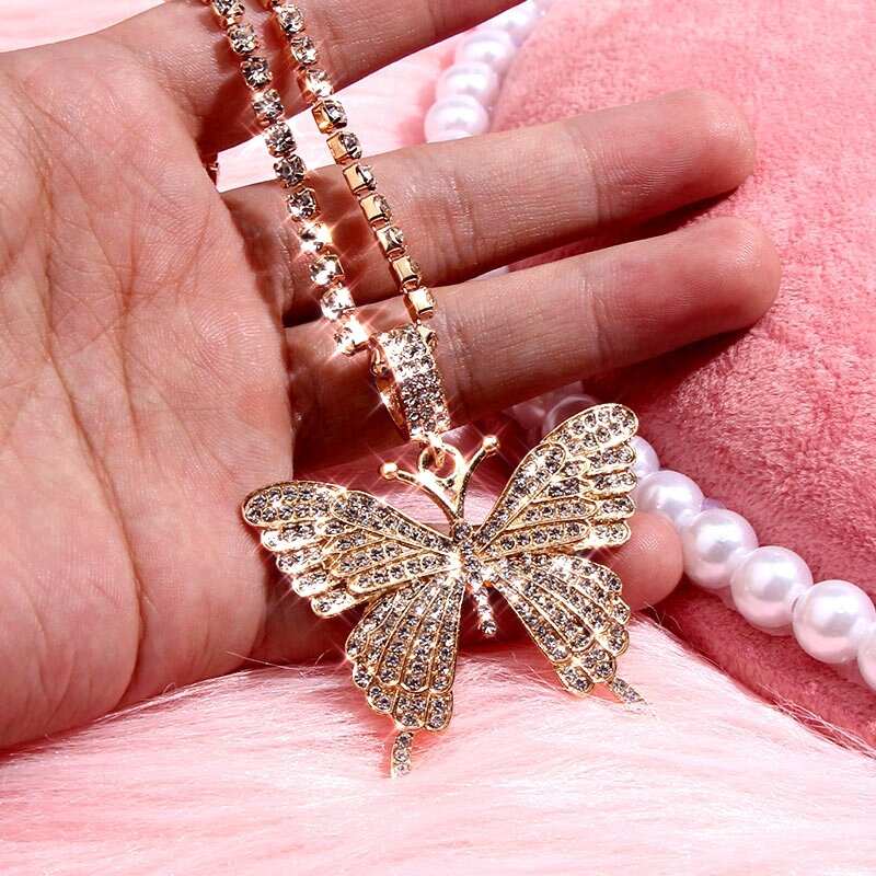 Kalung Liontin Kupu-kupu Besar Rantai Berlian Imitasi untuk Wanita Kalung Choker Kristal Rantai Tenis Bling Perhiasan Pesta
