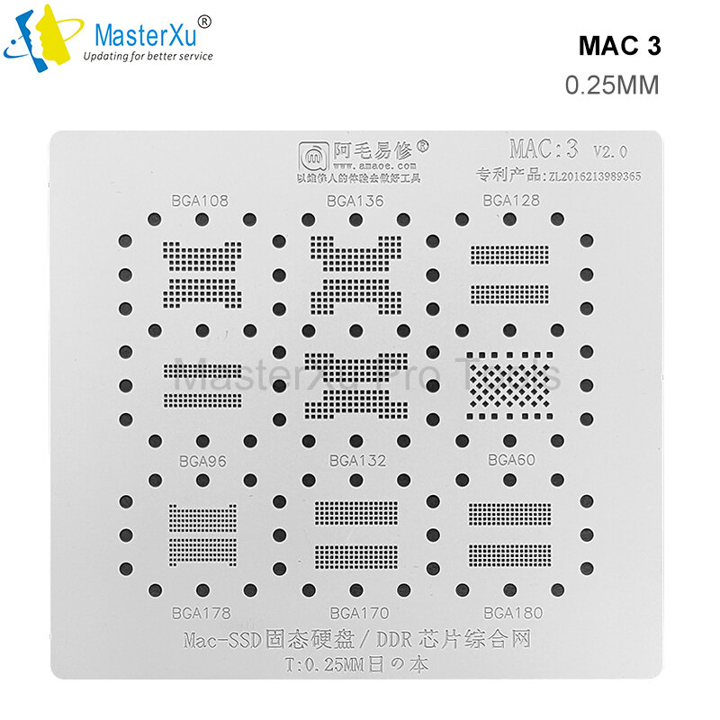 AMAOE Universial MAC1 2 3 4 5 6 7 8 9 BGA Reballing Stencil 0.12Mm Cho Mạc SR23G A1534 SSD BGA/SSD 108 BGA136 BGA128 SR2ZY